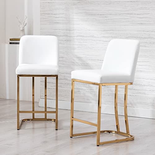Bestano Mid-Century Modern Counter Height Bar Stools With Gold Metal Base And Footrest, 24" Pu Faux Leather Upholstered Counter Stool Chairs For Kitchen Island Set Of 4, White #TOP1