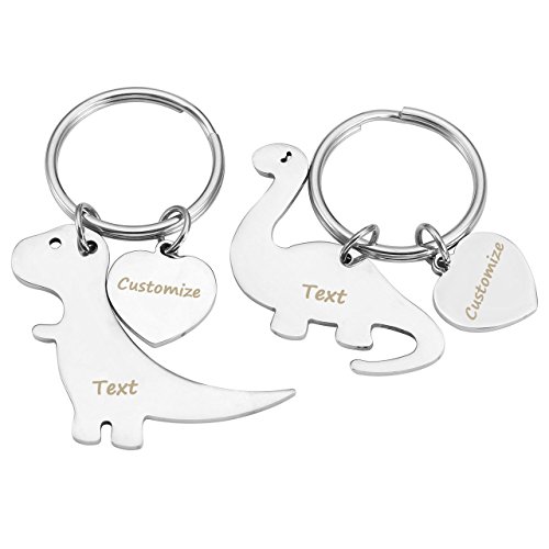 PiercingJ Personalized Custom Name Cute Saurus Dinosaur Couple Key Chain Him and Her Set