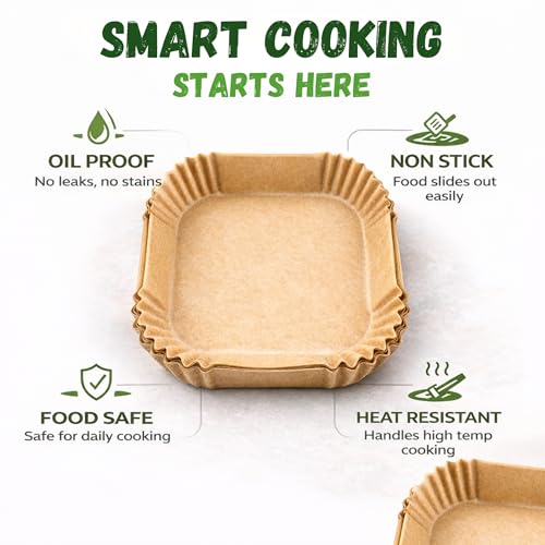Image of Air Fryer Paper Liners 125 PCS - Disposable Airfryer Paper Sheets, Parchment Paper for Air Fryer, Non Stick Oil Proof Baking Paper Tray, 8 inch Square Liners for Frying, Baking & BBQ