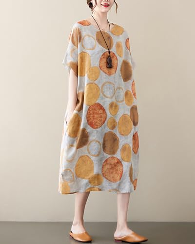 Image of LUZU JUNU Women's Summer Baggy Plus Size Loose Cotton Linen Long Boho Beach Dress with Pockets