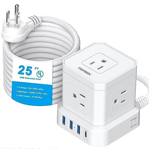 Extension Cord 25 FT, TOPREK 5 AC Outlets 4 USB, Power Strip with USB, USB C (15.5W/3.0A) Power Strip Surge Protector, Flat Plug Extension Cord for Apartment, Home Studio, RV