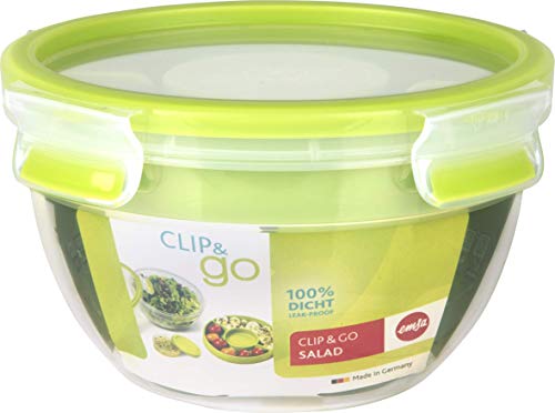 Emsa Clip&Go Saladbox - Recipiente hermético de plástico 0,6 L, ensalada Bowl redondo 1 L para ensalada con compartimento para salsas y otros platos, libre de BPA, transporte fácil