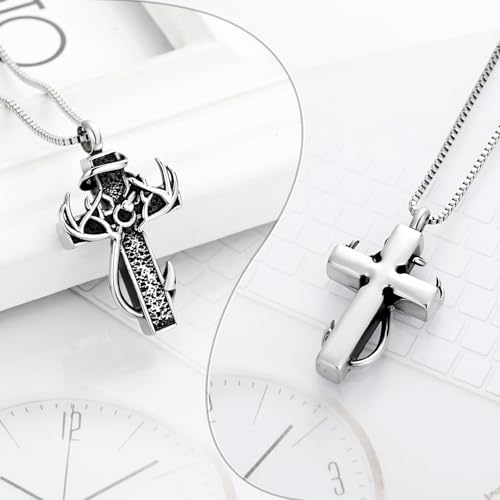 XSMZB Cross Cremation Jewelry Urn Necklace for Human Ashes Fish Hook Memorial Urn Pendant Deer Antler Cross Ashes Holder Keepsake Jewelry3