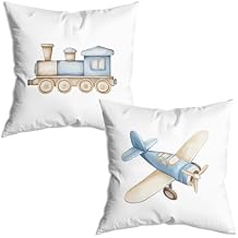 Vehicle Nursery Pillow Covers 18x18 Set of 2, Kids Room Decor, Watercolor Blue Train Aircraft Pillow Covers for Kids Boys Room Nursery Playroom