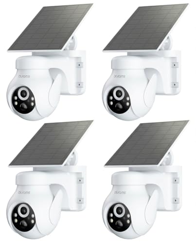blurams 2K Solar Outdoor Camera Wireless 360 PTZ Security Cameras Wireless Outdoor with Human Auto Tracking R/Color Night Vision Battery Powered Compatible with Alexa 2.4GHz Only 4Pack