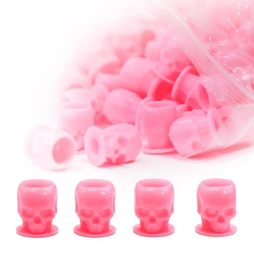 SOTICA 200pcs Skull Ink Caps – Disposable Tattoo Ink Cups for Tattooing & Makeup Pigment (Pink)