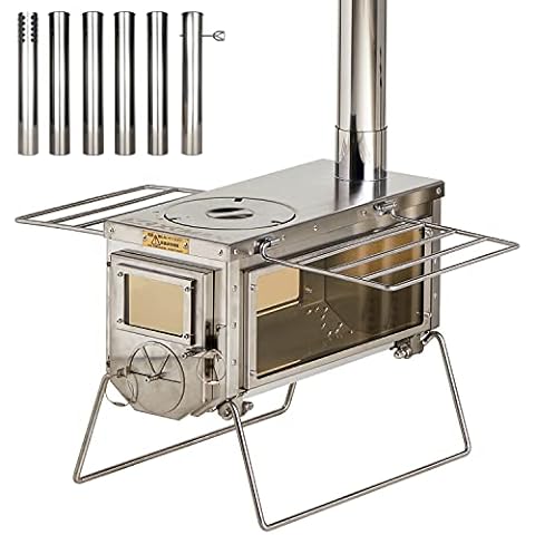 XCMAN Camping Tent Wood Stove with 6 Section Chimney Pipes,Three-View Windows Portable Wood Stove For Camping Tent,Ice Fishing Shelters, Hunting, Outdoor Cooking Heavy Gauge 304 Stainless Steel Cover
