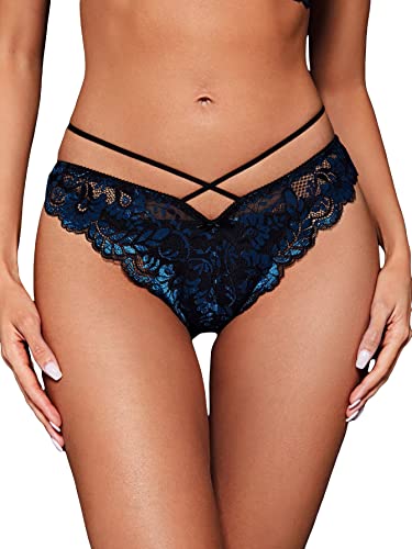 Milumia Women Sexy Underwear Sexy Lace Thong Cut Out Ring Linked Sheer Panty G String Thongs Lace Black And Blue Large #TOP12