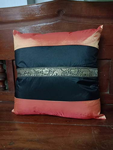 thaisan7Traditional Orange Stripe Style Rayon Fabric Artificial Silk Throw Pillow Cover Pillowcase Gift for Mam Dad Lover Home Decore Gift Present, 16.5"x16.5" (Exclude insertion)