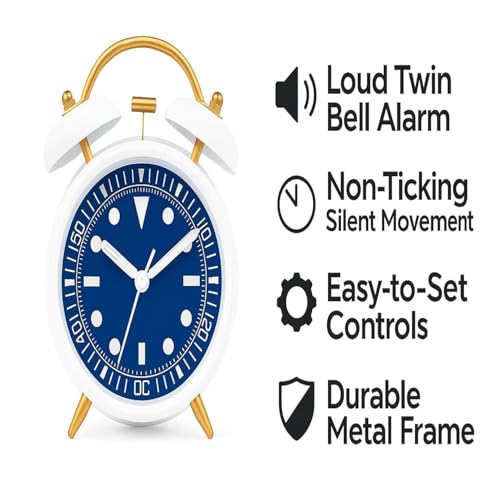 Image of STL Retro Twin Bell Alarm Clock with Night LED | Loud Bedside Alarm, Non-Ticking Silent Sweep, Metal Frame Table Clock for Students, Bedroom & Office (Sky Blue & White)