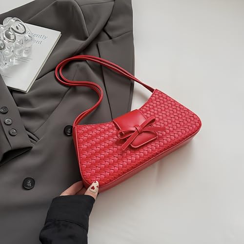 Woven Shoulder Bag for Women PU Leather Hobo Handbag with Bow, Y2K Underarm Purse Textured Clutch for Daily, Work, Travel (Red) — view 2