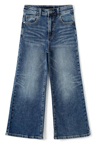 KIDSCOOL SPACE Girls Slim Fit Wide Leg Jeans, Micro Distressed Fashion Denim Pants