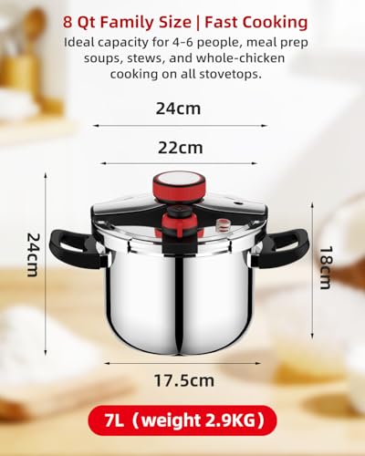 8 Qt Pressure Cooker Stainless Steel, Pressure Cooker with One-Hand Locking, Dual Locking Safety System, [3-In-1]Compatible with Gas & Induction, Fast Cooking for Large Meals