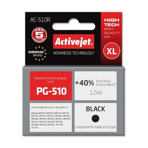 Tusz Activejet Ac-510R Do Drukarki Canon, Zamiennik Canon Pg-510; Premium; 12 Ml; Czarny. Drukuje Więcej O 40%.