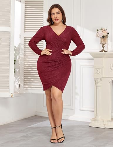 Image of ZOMVA Plus Size 0X-4X Sparkly Glitter Ruched Bodycon Mini Dress Sparkle Sequin Wrap Ruffle Sleeve Dress Cocktail Party Formal
