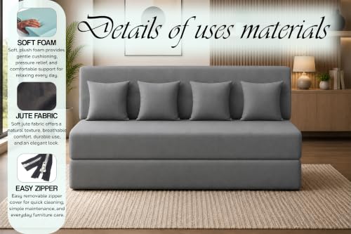 Image of Sofa Cum Bed with Jute Fabric, Convertible Four Seater Sofa Bed 6x6 Ft, Comfortable Cushioned Seating, Space Saving Design for Living Room, Bedroom & Guest Room - Grey Color