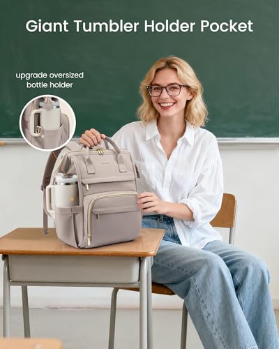 Image of LOVEVOOK Laptop Backpack for Women with Giant Tumbler Holder Pocket,17 inch Waterproof Travel Backpack Purse Computer Laptop Bag,Professional Work College Nurse Teacher Backpack Daypack,Grayish-pink