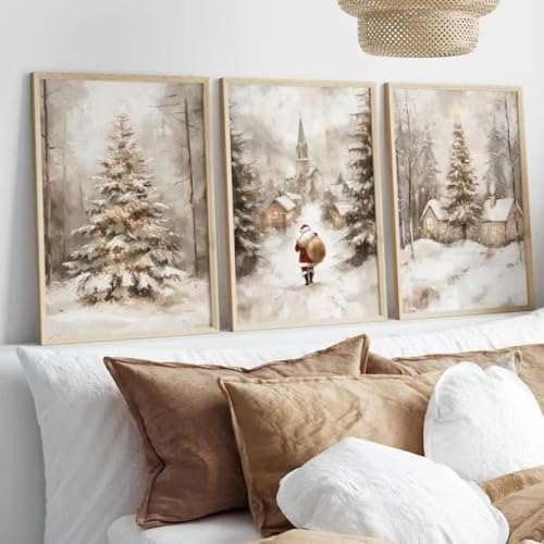 Baibexing Impressions Sur Toile Rétro Du Père Noël Et Du Sapin De Noël, Paysage D'Hiver, Affiches Murales Pour Salon, Décoration De Noël 50X70Cmx3Pcs Sans Cadre