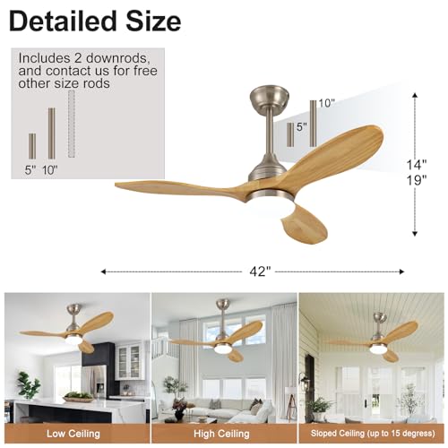 Image of OKDNEG 42 Inch Ceiling Fans with Lights and Remote, Brushed Nickel 3 Blade Outdoor Ceiling Fans,3CCT Dimmable,Timer,Quiet DC Motor,6 speed,Indoor Outdoor Ceiling Fan for Offices Farmhouse Gazebo Patio