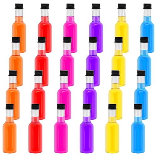 3.3 OZ Plastic Mini Liquor Bottles,thin neck Empty Spirit Bottles with Black Screw Cap,Reusable Plastic Alcohol Shot Bottles for Baby Shower,Party,Weddings 100ML (24)