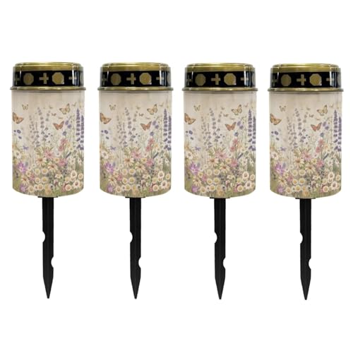 Image of Poceacles Solar Lights Outdoor Solar Powered Outdoor Cemetery Stake Lights Grave Solar Lamp Landscape Lighting Waterproof Grave Flameless Candles, Butterfly Daisy Lavender Floral, Pack of 4