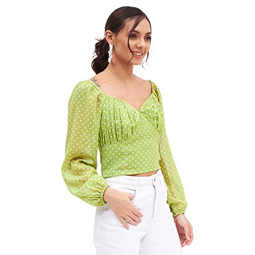 Image of Kibo Casual Women's Polyester Light Green V Neck Polka-dot Crop Top