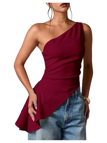 Milumia Women's One Shoulder Ruched Tank Top Asymmetrical Sleeveless Dressy Casual Tops Burgundy Medium