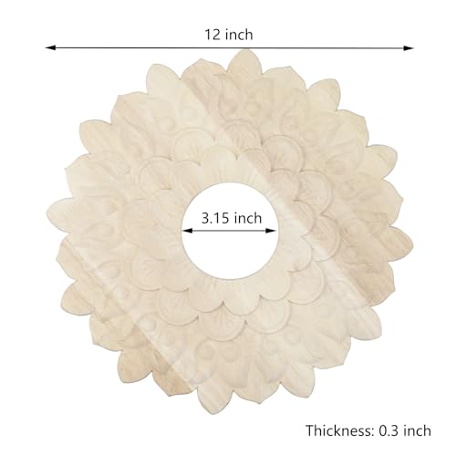 Image of Wooden Ceiling Fan Medallion Molded Wood Carved Flower Light Ceiling Cover Lighting Ceiling Medallion Home Decorative for Light Fixtures Ceiling Fans Chandeliers, 12 inch OD x 3.15 inch ID