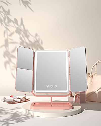 Cassilando Trifold Vanity Mirror, 3 Lighting Modes, 360°Rotation ，Trifold Makeup Mirror, Portable Led Makeup Mirror, 1X/2X/3X Magnification And Touch Screen Dimming, Women Gift #TOP1