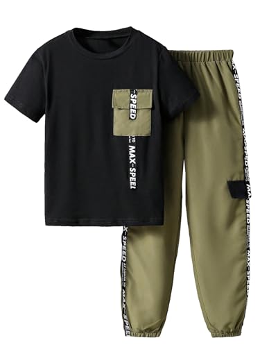 Image of OYOANGLE Boy's 2 Piece Outfits Graphic Short Sleeve Crew Neck T Shirt and Sweatpants Set