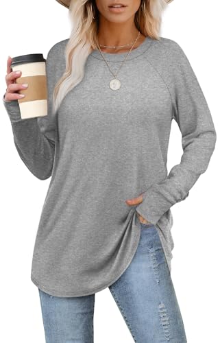 Image of XIEERDUO Womens Tunic Tops to Wear with Leggings Long Sleeve Thumb Hole Shirts Crew Neck Curved Hem