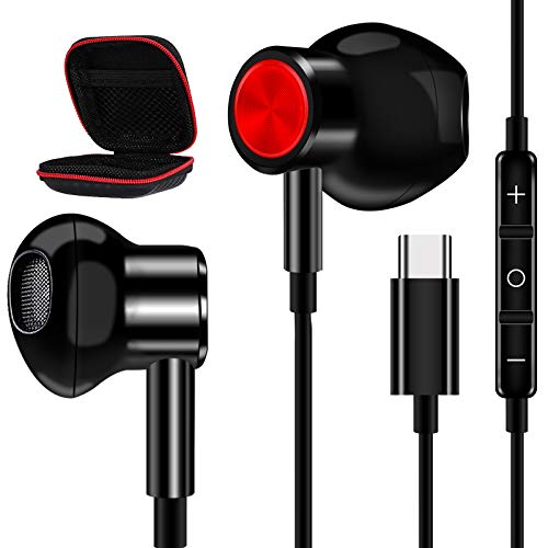 USB C Headphone + Portable Storage Case, Jelanry Hi-Fi Stereo Earbuds Magnetic Headphones Bass Wired Earphones with Mic and Volume Control Compatible with Samsung S20 FE and More USB C Device Black