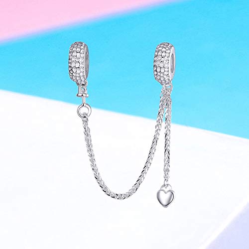 Image of ARTCHARM Heart Safety Chain Charm 925 Sterling Silver Beads fit European Charms Bracelet & Necklace