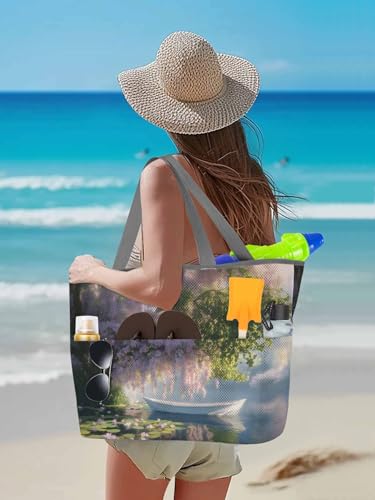 Beach Bags Women Mesh Tote Bag Boat Lotus Flower Tree Lake Toy Grocery Pool Bag with Pockets for Travel/Picnic/Shower3