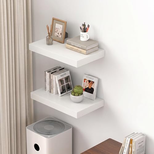 Image of Dreamland 20 inch Floating Shelves for Wall, 12 inch Deep Thicker White Floating Shelves, Wall-Mounted Shelves for Bedroom, Living Room, Kitchen, Bathroom - Set of 2