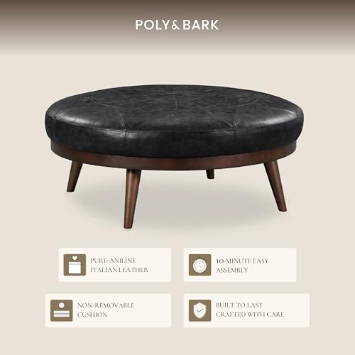 Image of POLY & BARK Gio Ottoman - 30 inch Round with Feather-Down Topper - Full-Grain Leather Upholstery - Couch Ottoman for Living Room - Italian Leather in Onyx Black