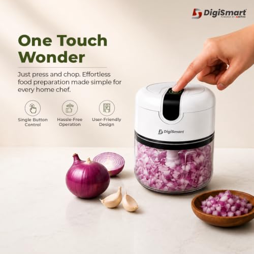 Image of DIGISMART USB Rechargeable Mini Electric Chopper 250ml, Portable Unbreakable Vegetable Cutter With Stainless Steel Blades, One Touch Cordless Garlic, Onion, Ginger, Chopper For Kitchen, White