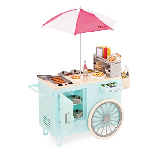 Our Generation - Retro Hot Dog Cart - 18-Inch Doll Accessories - Rolling Snack Cart - Hot Dog Set - Play Food & Cash Register - Toy for Kids 3 Years +