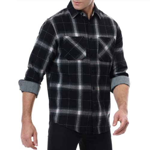 Ezmine Men’s Flannel Shirts Long Sleeve Casual Button Down Flannel Plaid Shirts For Men Camp Hiking Black #TOP2