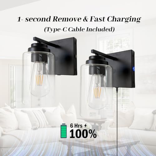 Image of Dimmable Battery Operated Wall Sconce Set of Two, Rechargeable Wall Lamp No Wired Required, Easy Install Cordless Wall Light Fixtures for Bedroom Living Room Bathroom Hallway Farmhouse, Black