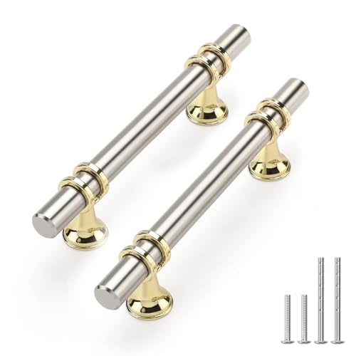 Rergy 10 Pack 3-3/4 Inch Brushed Nickel and Gold Cabinet Pulls Heavy-Duty Kitchen Cabinet Handles, Rust-Resistant and Durable Drawer Pulls Zinc Alloy Hardware for Cupboard,Closet,Cabinets