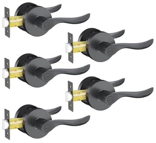 RAZCC Privacy Door Levers, 5 Pack Black Door Handles Interior Door Levers Keyless Lockset, Heavy Duty Reversible Wave Levers for Bedroom Bathroom