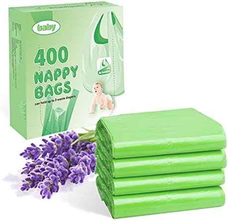 Baby Disaposal Diaper Bags - 400 Count Unscented Diaper Sack with Easy Tie Handle, Must Have For Baby Nursary, Eco-friendly Environmental Waste Bag, Poop Bag (Green)