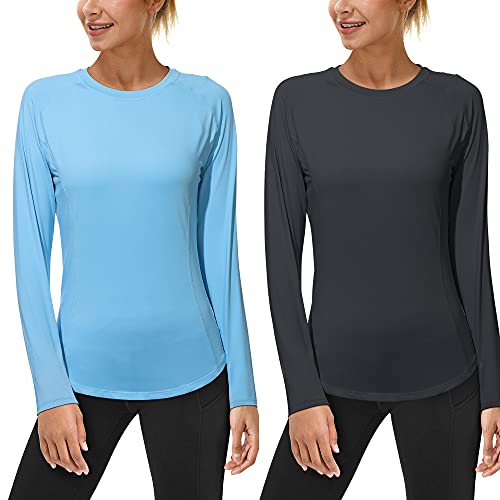 (Size:l) 2 Pack Womens Long Sleeve Uv Sun Shirts Upf 50+ Workout Swim Rash Guard Tops #TOP17