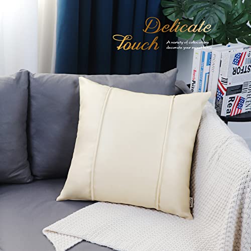Image of BRAWARM Cream Leather Throw Pillow Covers 22 X 22 Inches - Faux Leather Pillow Cover with Piping, Hand Stitched Faux Leather Throw Pillow for Couch Sofa Bed Living Room Home Decorative