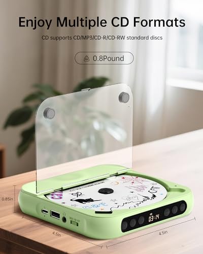 Image of ENVYCLOUD CD Player Portable with Dual Stereo Speakers, Rechargeable Portable Player with Bluetooth for Home with Headphones, Support CD /AUX /USB,Green
