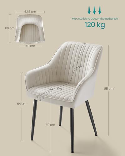 SONGMICS Esszimmerstuhl, Küchenstuhl, Sessel, Samt, Polsterstuhl mit Armlehnen, Loungesessel, bis 120 kg belastbar, Metallbeine, für Esszimmer, Küche, cappuccinobeige LDC087W01
