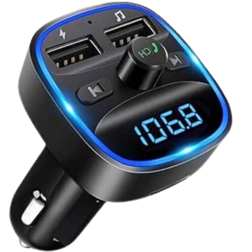 Bluetooth FM Transmitter for Car, [Upgraded] Wireless in-Car Radio Adapter Car Kit, Universal Car Charger with Dual USB Charging, Hands-Free Calling, Music Player Supports TF Card & USB Dis