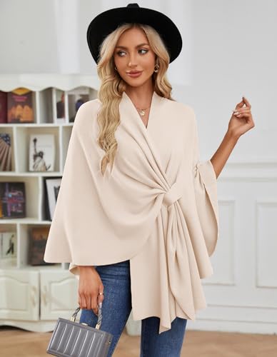 PULI Damen Elegant Poncho Strick Ponchos Capes Vorne öffnen Vielseitige Schalwickel mit Lasche Beige