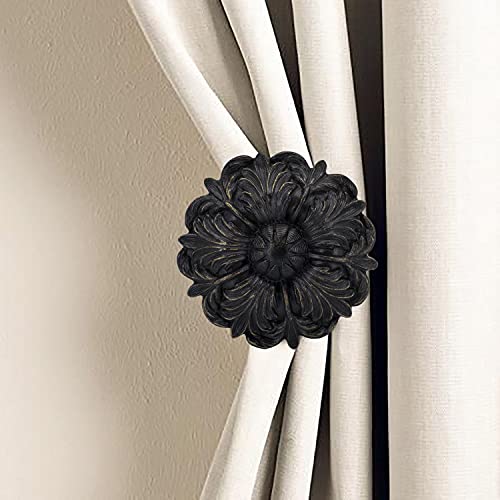 MERIVILLE Set of 2 Fleur Window Drapery Medallion Holdbacks, Curtain Tiebacks, Wall Hook, Tassel Holder, Burnt Gold
